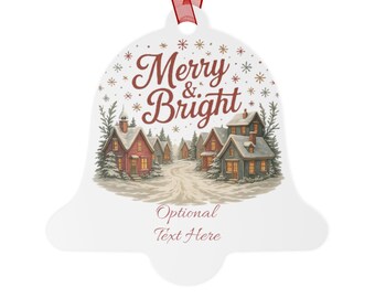 May include: White bell-shaped Christmas ornament with a red ribbon. The ornament features a winter village scene with the words "Merry & Bright" in a festive font. Additional text at the bottom reads "Optional Text Here".