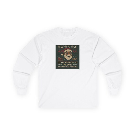 Santa with Holly To the Window Long Sleeve Tee | Christmas Humor Ugly Sweater Shirt, Holiday Graphic Tee, Festive Winter Apparel