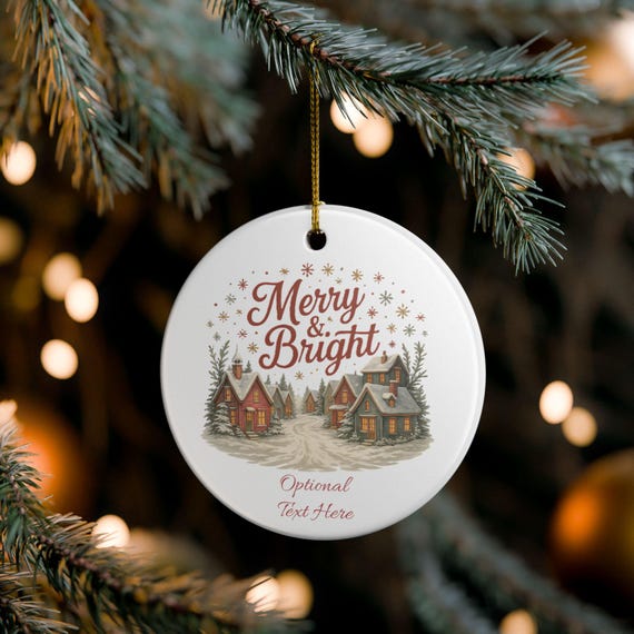 Merry & Bright Village Customizable Ceramic Ornament | Christmas Snowy Cottage Holiday Decoration