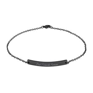 May include: A black chain bracelet featuring a curved bar pendant. The pendant is inscribed with the words "Best Friends Forever". The bracelet is crafted from dark metal and has a delicate chain design.