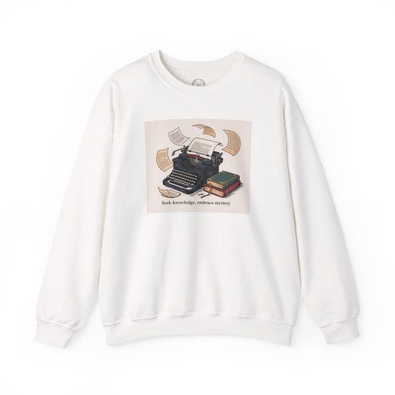 Vintage Typewriter with Books sweatshirt | Literary Quote "Seek knowledge, embrace mystery"