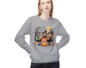 Three Cozy Witches Sitting by Campfire Sweatshirt | Halloween Pumpkin Illustration | This Meeting Could Have Been An Email