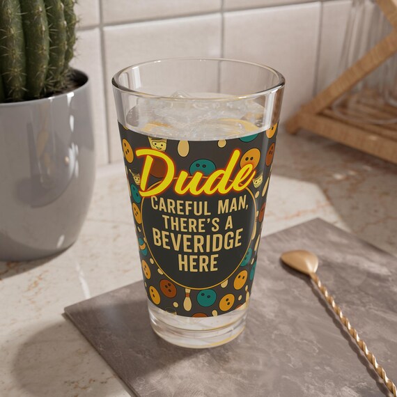 Careful Man There's A Beverage Here mixing glass | Bowling pins and balls pattern, 16oz
