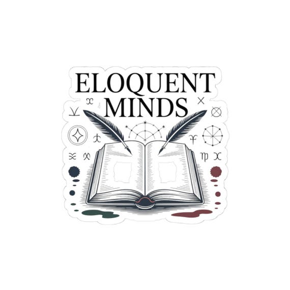 Eloquent Minds book and quills Kiss-Cut Sticker | literary laptop decal