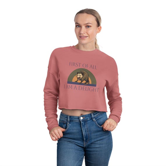 First of All I Am a Delight Cropped Sweatshirt | Sloth Illustration, Retro Rainbow