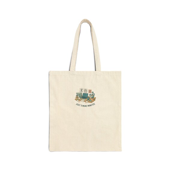 Just 5 More Minutes desk setup Tote Bag | cozy workstation illustration, book and coffee canvas tote