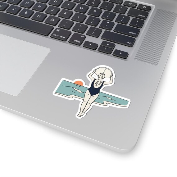 Surfer Woman in Swimsuit Beach Scene sticker | Kiss-Cut Sticker