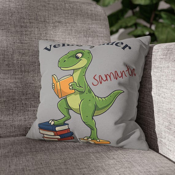 Personalizable Velocireader Dinosaur Reading Pillowcase | Square Pillowcase, Personalized Name Option