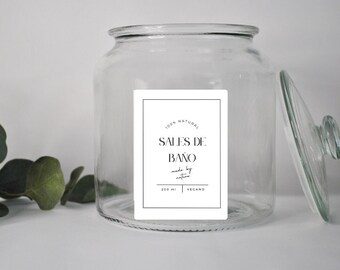 Pack of 9 labels for minimalist bathroom products in Spanish