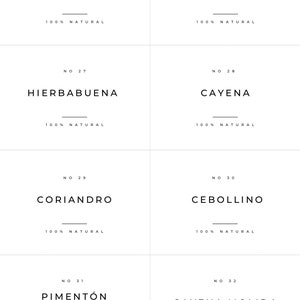 Pack 40 etiquetas de especias y hierbas aromáticas minimalistas en español blanco. imagen 3