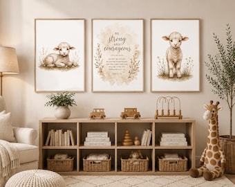 Christian Lamb Nursery Art, Joshua 1:9 Bible Verse Prints, Neutral Toddler Room Decor (Digital)
