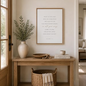 May include: A rectangular framed wall art piece featuring the text Trust in the Lord with all your heart and lean not on your own understanding; in all your ways submit to him, and he will make your paths straight. Proverbs 3:5-6.
