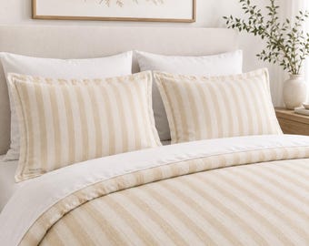 French Stripe Pillow Sham | European Style Bedding | Neutral Beige Ivory | Standard & King | Daniel Collection