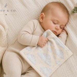 Può includere: Un bambino che indossa un body beige a maniche lunghe a coste, dorme tenendo in mano una piccola coperta di sicurezza rettangolare color crema con un motivo a nuvole azzurre. Il testo THEO & CO. è visibile nell'angolo in alto a sinistra.