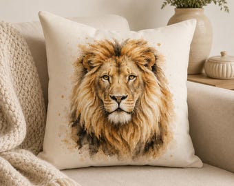 Almofada decorativa em camurça sintética com estampa de leão em aquarela | Almofada minimalista com estampa de animal de safari