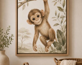 May include: A framed wall art print featuring a brown monkey hanging from a tree branch. The illustration includes green leaves, a distant landscape with trees, and mountains in a soft, muted color palette. The artwork is enclosed in a light wood frame.