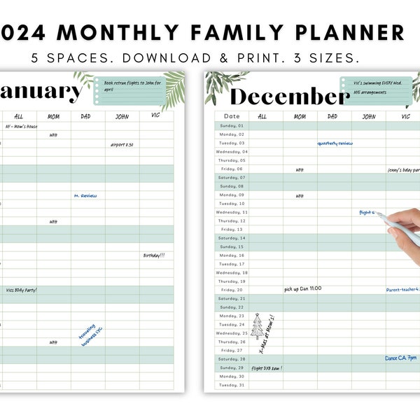 Printable Family Calendar 2024, Planner, Wall Calendar, Family Organization, Monthly Calendar, Download, A4, PDF