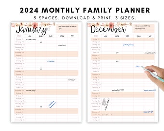 Printable Family Calendar 2024, Planner, Wall Calendar, Family Organization, Monthly Calendar, Download, A4, A3, Letter, PDF