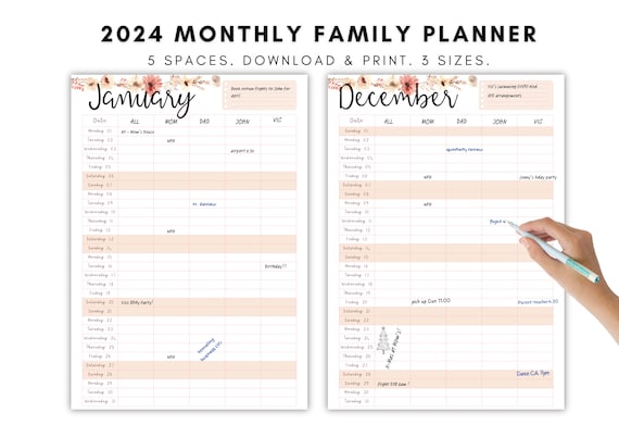 Printable Family Calendar 2024, Planner, Wall Calendar, Family  Organization, Monthly Calendar, Download, A4, A3, Letter, PDF 