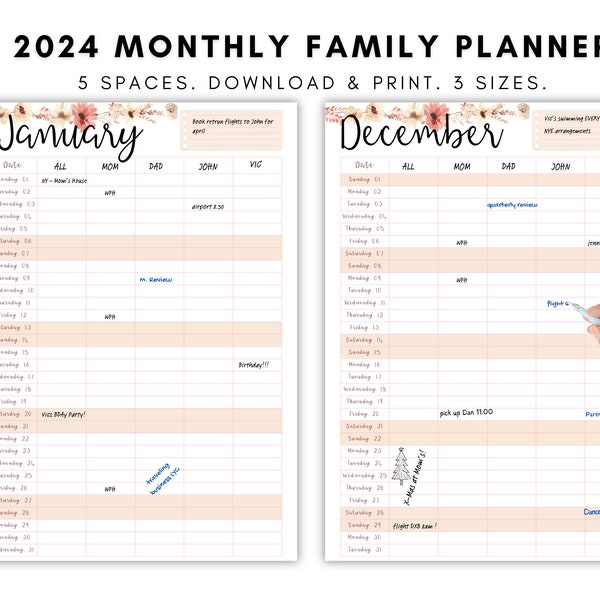 Familienkalender 2024, Planer, Wandkalender, Familien Organisation, Monatskalender, Download, A4, A3, Letter, PDF