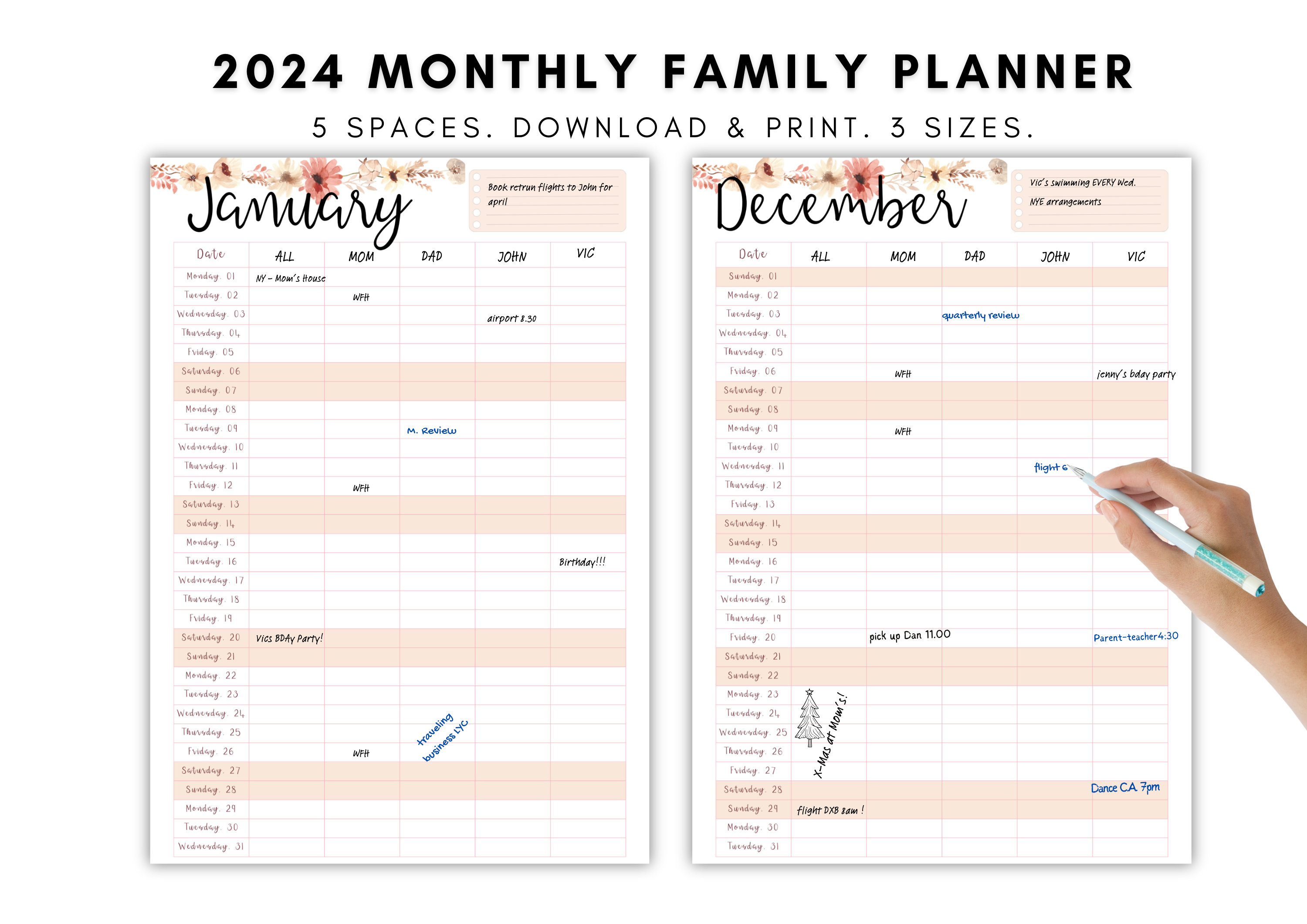 Family Planner 2024 - 5 Columns Monthly Calendar Journal and Schedule  Organizer