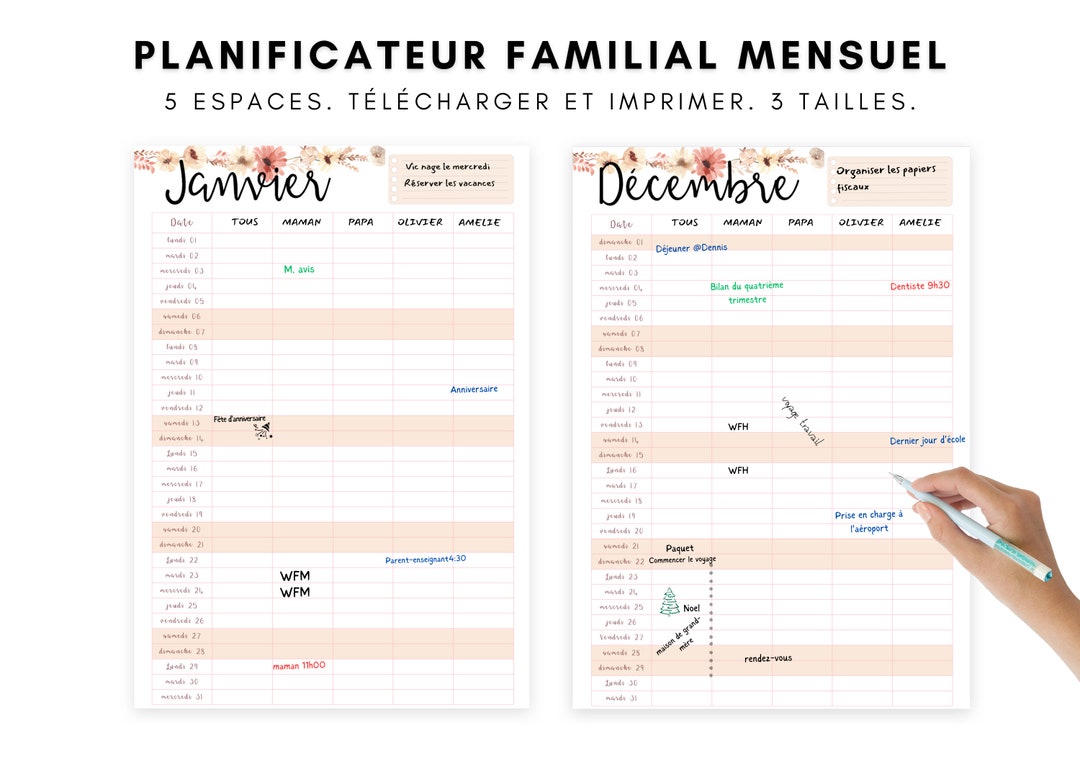 Calendrier Familial Imprimable 2024 Planificateur Calendrier Mural 