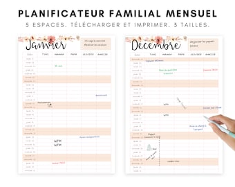 Calendrier familial imprimable 2024, Planificateur, Calendrier mural, Organisation familiale, Calendrier mensuel, Téléchargement, A4, PDF