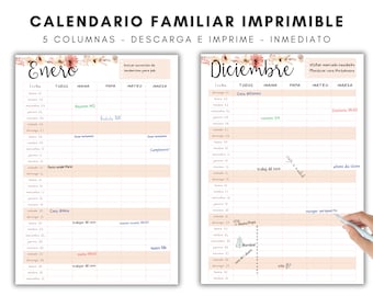 Calendario Familiar Imprimible 2024, Descarga PDF A4 y A3, Planificador, Calendario de Pared, Organización Grupos, Calendario Mensual (ES)