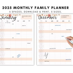 Calendário de família para impressão 2025, planejador, calendário de parede, organização familiar, calendário mensal, download, A4, A3, carta, PDF