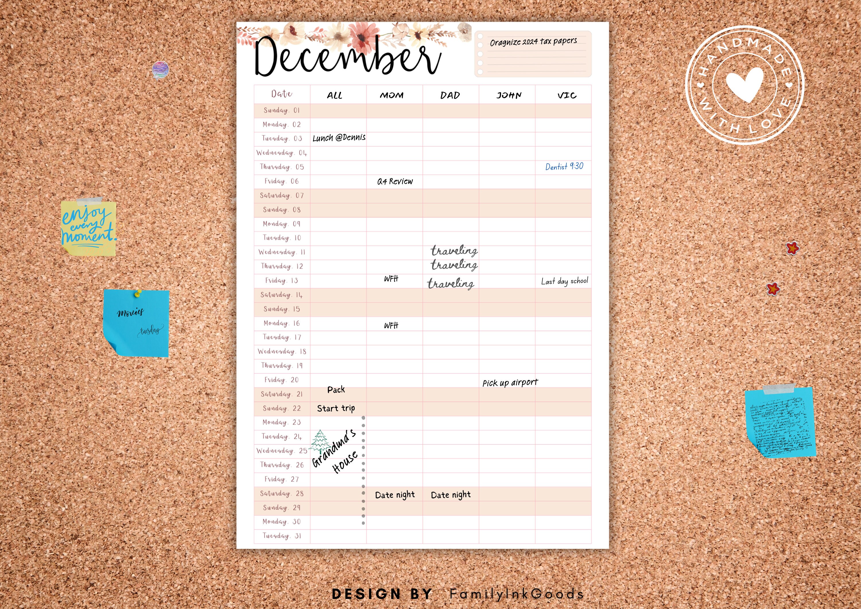 Printable Family Calendar 2024 Planner Wall Calendar Family Etsy