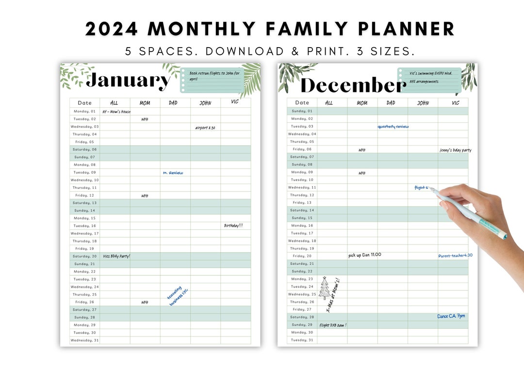 Printable Family Calendar 2024, Planner, Wall Calendar, Family