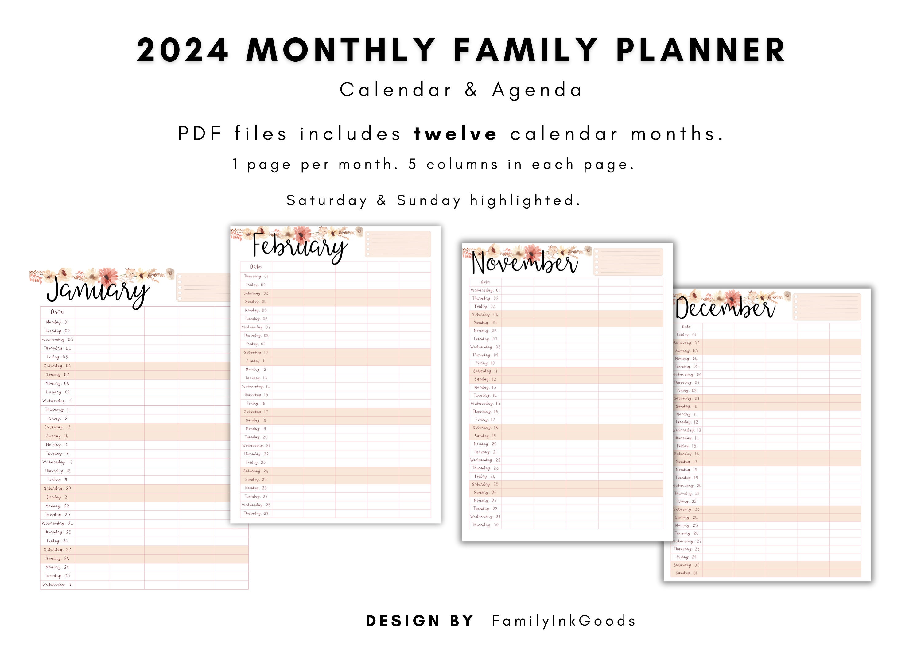 Printable Family Calendar 2024 Planner Wall Calendar Family Etsy