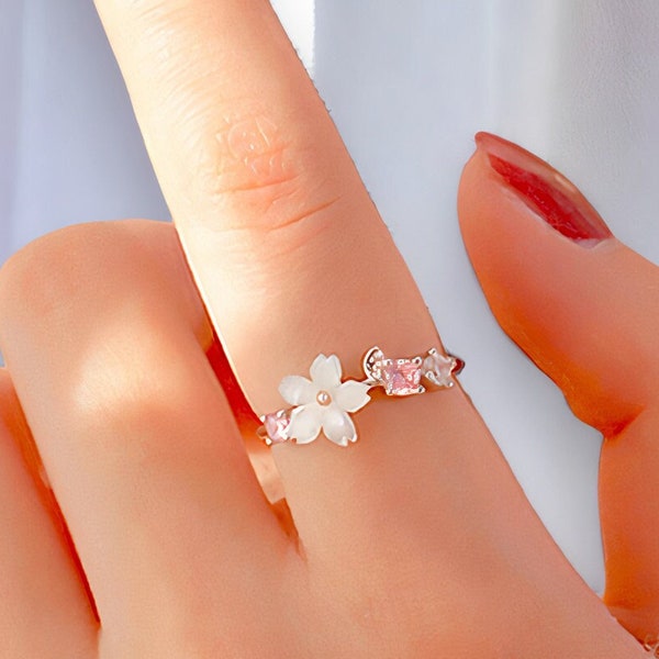 Cherry Blossom Silver Adjustable Ring