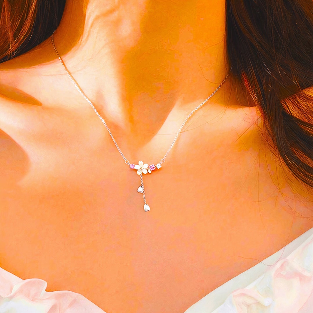 Japanese Sakura Charm Flower Necklace, White Flower Sakura Silver
