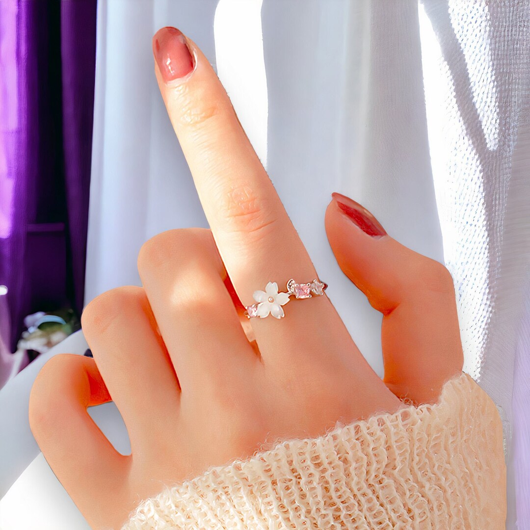 Japanese Flower Sakura Adjustable Ring, Floral Beauty Open Ring, White