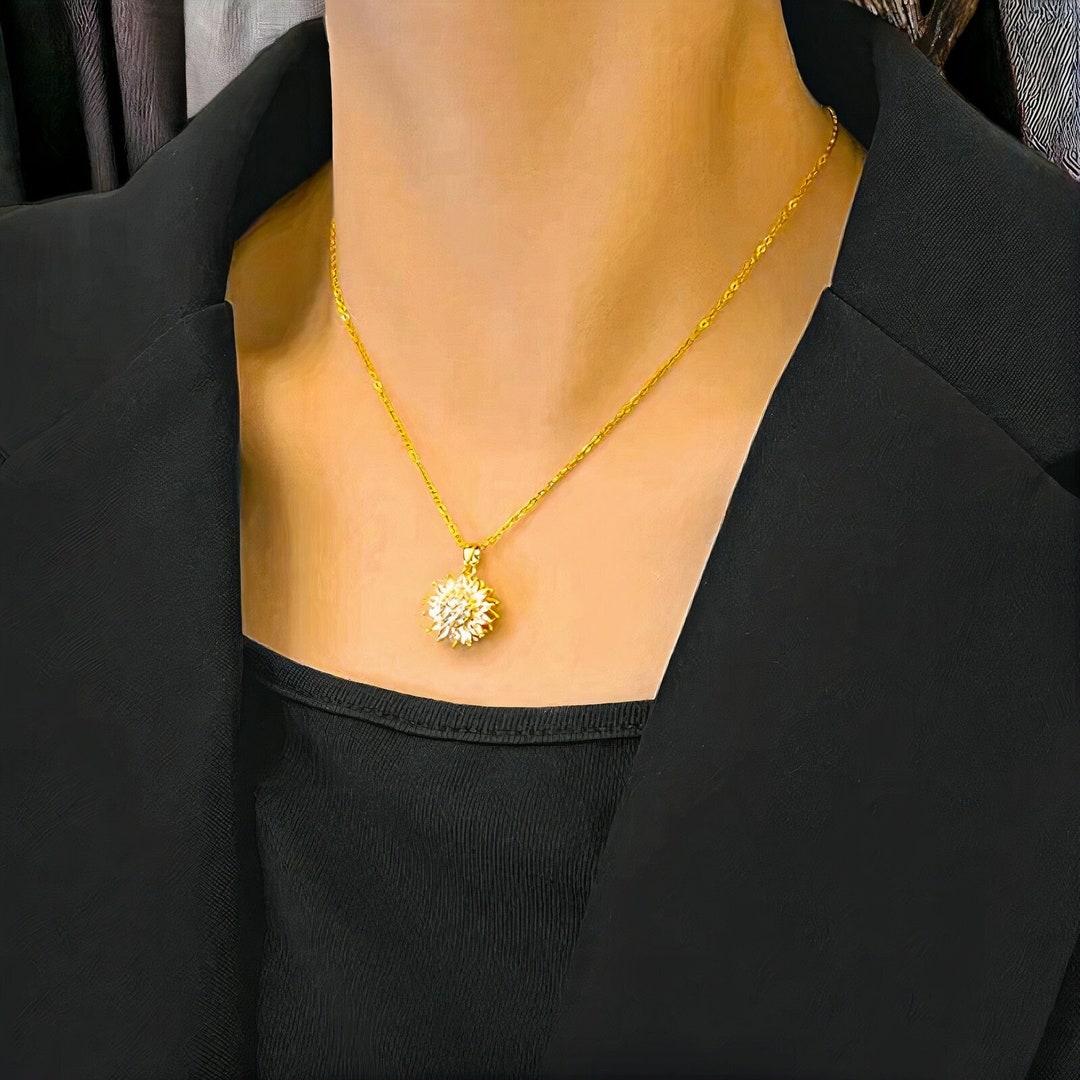 Crystal Sunflower Spinner Pendant Necklace, Gold & Silver Rotatable