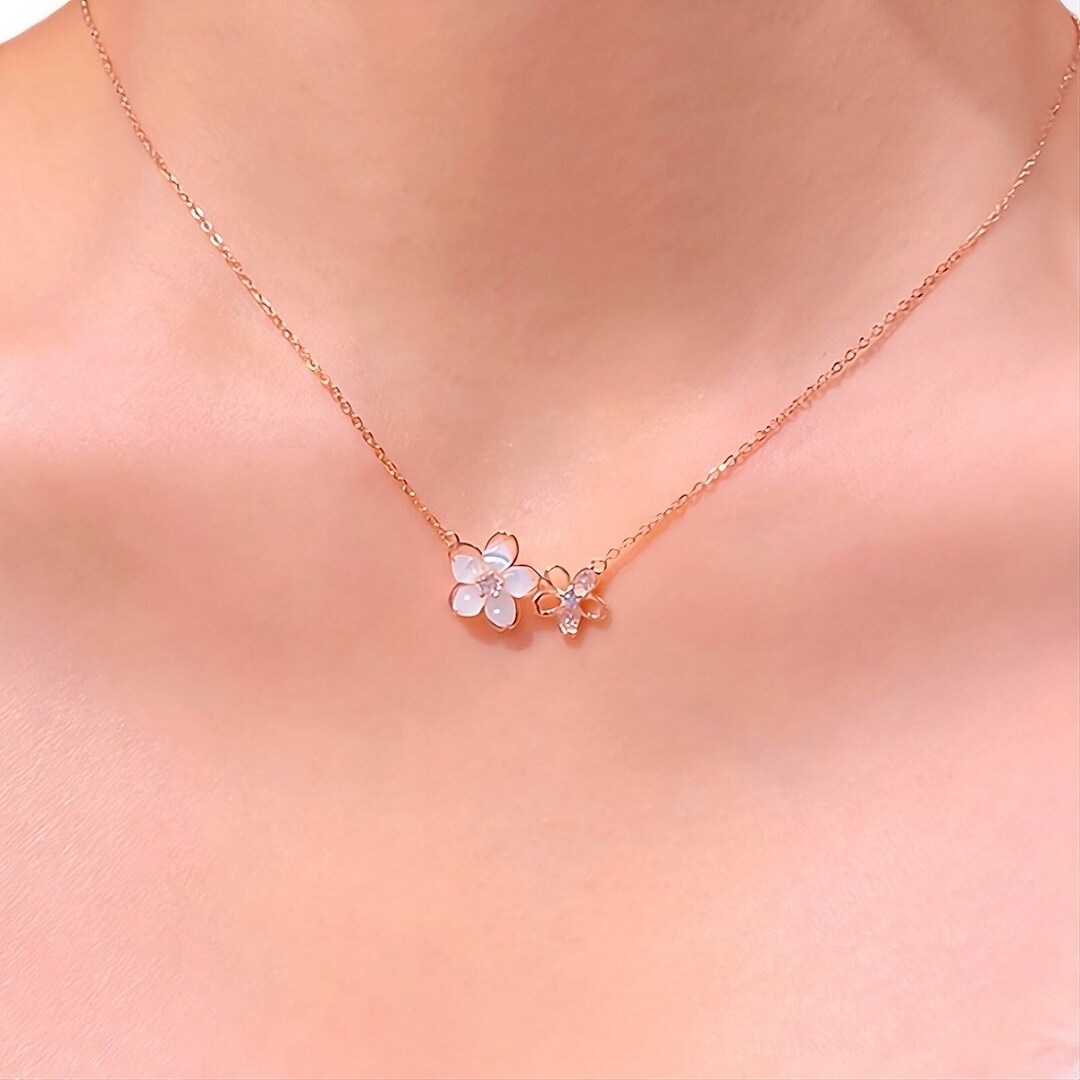 Rose Gold Sakura Flower Necklace Double Flower Charm Pendant Etsy