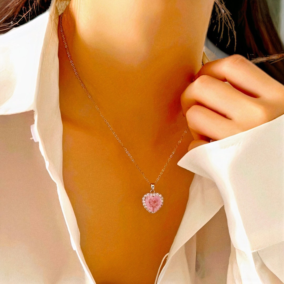 Dainty Crystal Pink Heart Pendant Necklace, Tiny CZ Heart Pendant