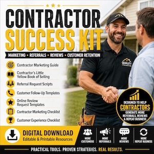 May include: A promotional image for a "Contractor Success Kit" with text including "Marketing, Referrals, Reviews, Customer Retention." The image features a man shaking hands with another man, and icons representing marketing guides, scripts, and templates. The phrase "Digital Download" is also visible.