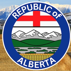 May include: A circular emblem with the text "Waterproof" and "Fade Resistant". The emblem features a blue border with the words "REPUBLIC OF ALBERTA" around a design of a red cross, mountains, and wheat. The background shows a field with hay bales and mountains.