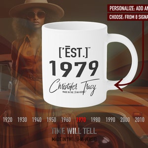 1979 Personalized End of Seventies Mug, Custom 1979 Retro Year Tea Cup, Est. 1979 Unique Celebration - ['ĒST]™ by HŪMN