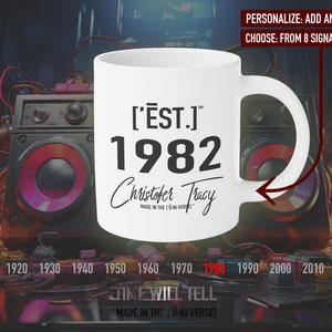 1982 Personalized Iconic Eighties Mug, Custom 1982 Vintage Year Tea Cup, Est. 1982 Memorable Gift - [&#39;ĒST]™ by HŪMN