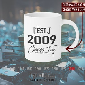 2009 Customized End of Decade Mug, Personalized Retro Style Coffee Cup, Est. 2009 Birthday - [&#39;ĒST]™ by HŪMN