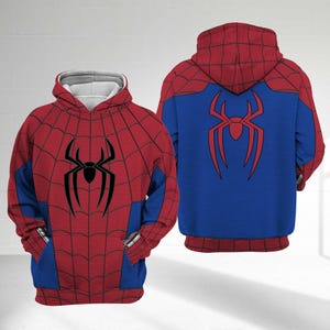May include: Red and blue Spider-Man hoodie with a large black spider emblem on the front and back. The hoodie features a hood, pockets, and a web-like pattern. The sleeves are blue with silver accents.