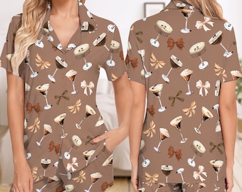 Espresso Martini Cocktail Club Short Pajama Set, Coquette Espresso Martini Short Pajama, Cocktail Lover Gift, Espresso Martini Short Pjs