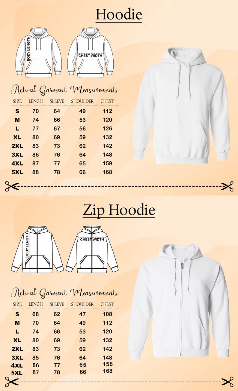 two different styles of hoodies, one with actual garment measurements and the other with a zip hoodie. The image is a collage of two separate images, each showing a different style of hoodie.