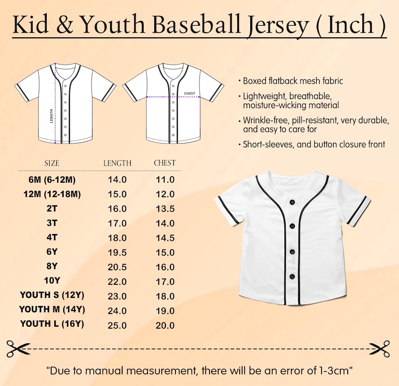 a picture of a baseball jersey size guide