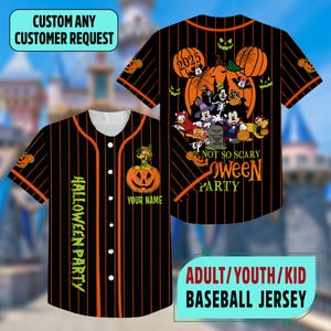 May include: Black baseball jersey with orange vertical stripes and a white collar. The jersey features a Halloween-themed graphic with cartoon characters, pumpkins, and the text "NOT SO SCARY OWEEN PARTY". The text "HALLOWEEN PARTY" is printed vertically on the left side.