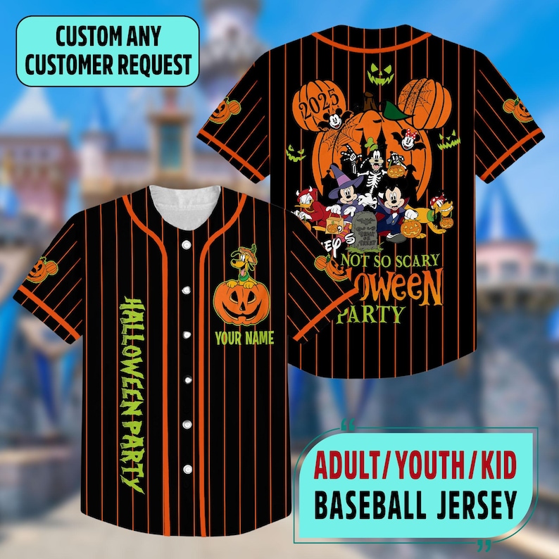 May include: Black baseball jersey with orange vertical stripes and a white collar. The jersey features a Halloween-themed graphic with cartoon characters, pumpkins, and the text "NOT SO SCARY OWEEN PARTY". The text "HALLOWEEN PARTY" is printed vertically on the left side.