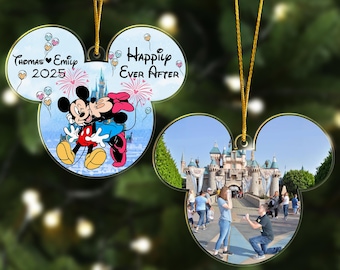 Personalized Mickey Minnie Couple Vacation 2025 Ornament, Custom Photo Engaged Couple WDW Ornaments, Happily Ever After Ornament